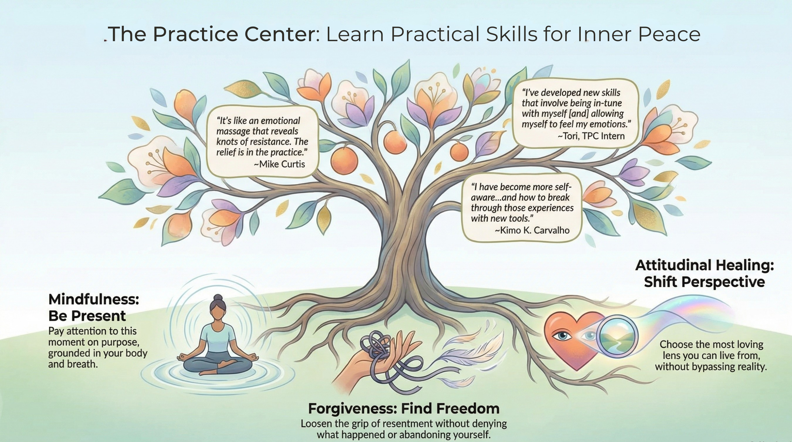 The Practice Center visual model: a tree with roots in practice showing three branches - Mindfulness: Be Present, Forgiveness: Find Freedom, and Attitudinal Healing: Shift Perspective. Includes participant testimonials about developing self-awareness, emotional skills, and finding relief through practice.